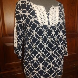 Navy and White Crochet-Trim Tunic Top